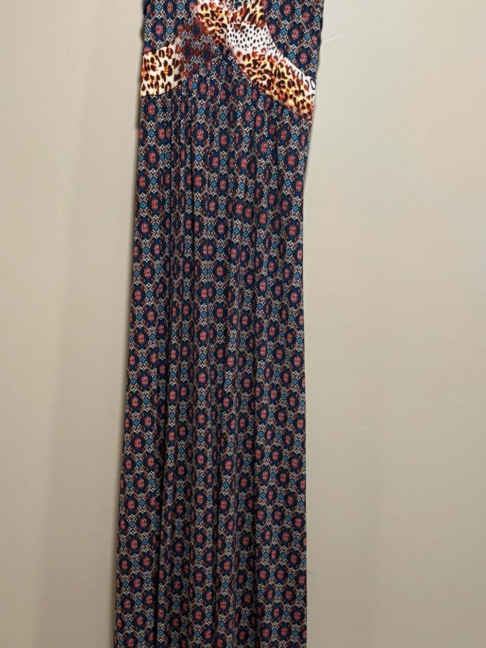 Susan Lawrence Mixed Print Maxi Dress Large Cheetah Geometric Cross Back